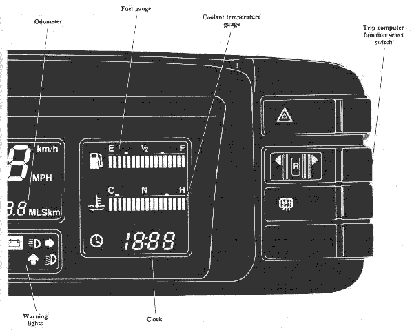 Orange digital dashboard - right side - odometer, fuel gauge, coolant temperature gauge, trip computer function select switch, warning lights and clock